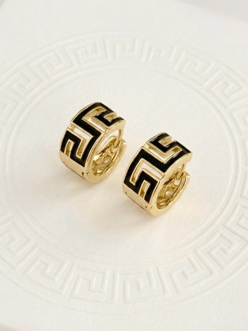 14K Gold Plated Black Enamel Greek Key Huggie Hoop Earrings | Meander Design